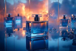 Perfume bottles reflecting on a mirror at sunset creating a luxurious and elegant atmosphere photo