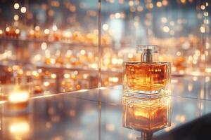 Elegant perfume bottle sitting on reflective surface with warm bokeh background photo