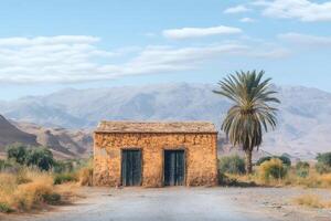 Abandoned house in the Moroccan desert with Atlas Mountains in the background photo