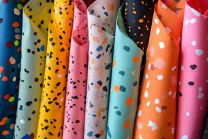 Colorful fabrics hanging in a store, showcasing vibrant patterns and textures photo