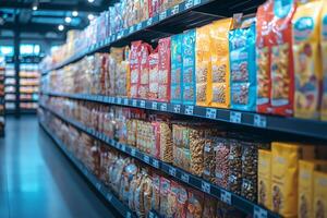 Supermarket shelves displaying colorful packaged snacks showing abundance and variety photo