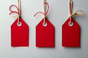 Three red blank hanging price tags with string on white background photo