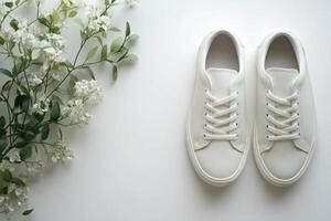 White sneakers and flowers branches lying on white background photo