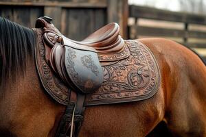Elegant handcrafted leather saddle resting on a horse in a stable photo