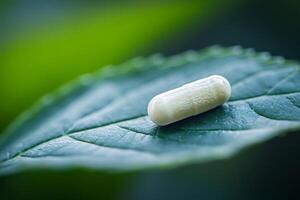 White pill containing microgranules resting on green leaf promoting natural medicine photo