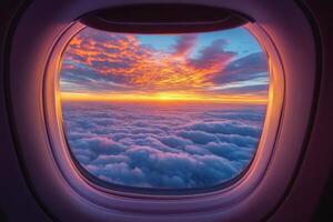 Breathtaking sunset over clouds seen from airplane window during flight photo