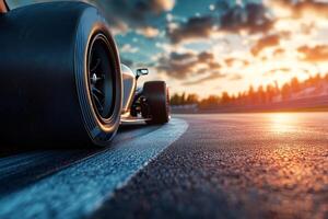Formula one race car speeding on a circuit during sunset photo