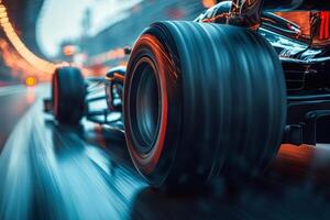 Formula one car speeding on a wet track at night photo