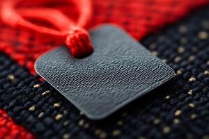Black blank rectangular label with red string on textured fabric photo