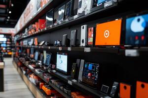 Modern electronics store showcasing various devices on shelves photo