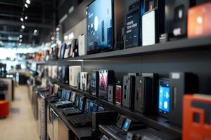 Modern electronics store showcasing various devices and accessories on display shelves photo