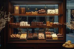 Assortment of delicious chocolates and pralines displayed in a luxury chocolate shop window photo