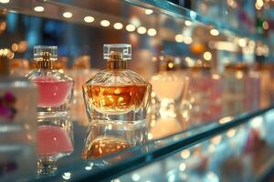 Perfume bottles sitting on a glass shelf reflecting warm light photo