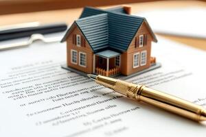 Golden pen resting on house purchase agreement with miniature house model photo