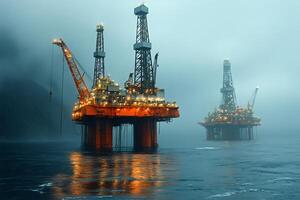 Oil platform extracting petroleum in the ocean with dramatic twilight sky photo