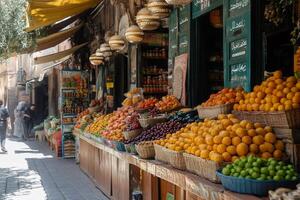 Fresh produce displayed at a traditional market stall in the Middle East photo