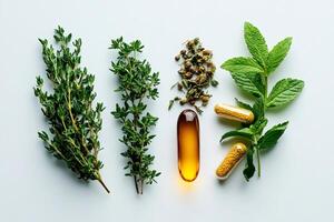 Herbs and supplements creating natural medicine on white background photo