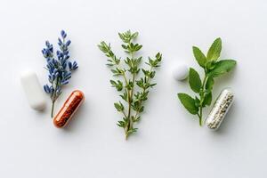 Medicinal herbs and pills representing alternative medicine and naturopathy photo