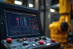 Control panel monitoring automated robotic arm in factory photo