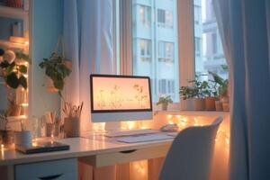 Cozy home office setup with fairy lights and plants creating a relaxing atmosphere photo