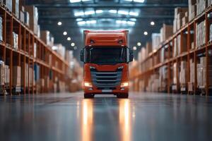Red truck driving through warehouse full of goods ready for shipment photo