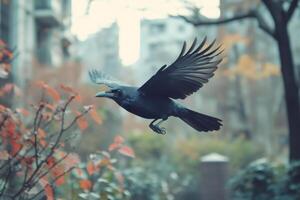 Large black crow flying in urban environment with spread wings photo