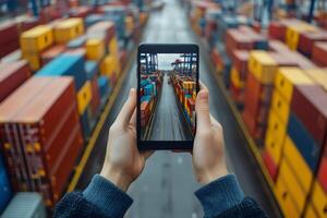 Logistics manager using tablet and taking pictures of colorful containers in cargo port terminal photo