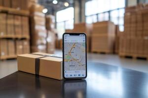 Smartphone showing gps location tracking app in warehouse with package ready for delivery photo
