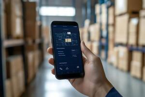 Warehouse worker using smartphone app managing logistics and checking stock levels photo