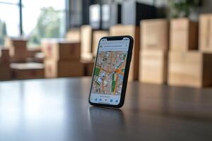 Smartphone showing gps map app with cardboard boxes in background photo