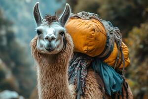 Portrait of a llama carrying heavy baggage in the andes mountains photo