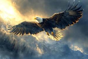 Majestic bald eagle soaring over snowy mountain range at sunset photo