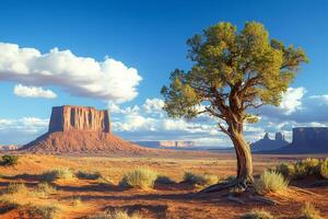 Monument Valley spanning across the horizon under a cloudy sky with a juniper tree standing tall in the foreground photo