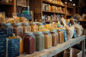 Various colorful spices and grains displayed in glass jars and burlap sacks at grocery store photo