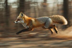 Red fox running fast in blurred motion in forest photo