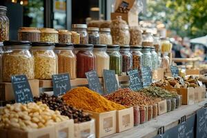 Various spices and herbs attracting customers at a farmers market stall photo