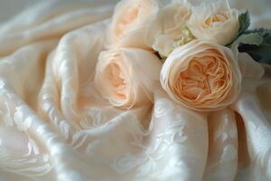 Delicate peach roses resting on elegant cream colored fabric photo