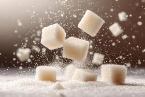 Sugar cubes falling and bouncing on granulated sugar creating a splash photo