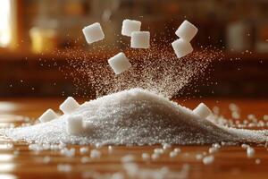 Sugar cubes falling on pile of granulated sugar creating dust cloud photo