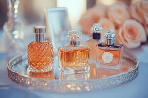 Perfume bottles sitting on a silver tray reflecting on the surface photo