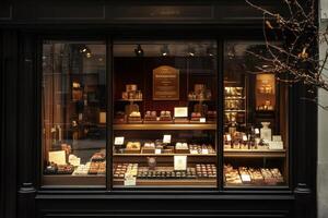 Chocolate shop window displaying various types of fine chocolates and sweets in an elegant and inviting way photo