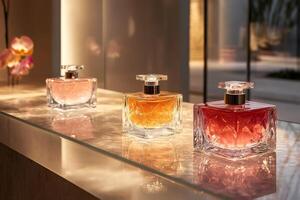 Luxurious perfume bottles sitting on illuminated display shelf in modern perfumery photo