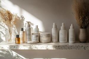 Modern cosmetic products sitting on shelf with dried flowers in sunlight photo