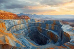 Open pit mine creating a deep colorful scar on the earth surface during sunset photo