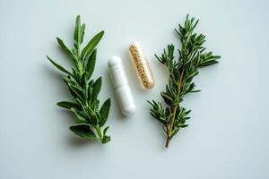 Herbal medicine capsules with fresh rosemary and sage on white background photo