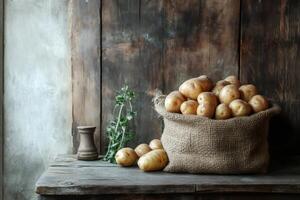 Raw potatoes spilling from burlap sack on rustic wooden table photo