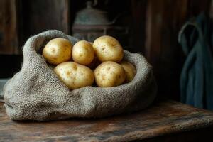 Raw potatoes resting in burlap sack on rustic wooden table photo