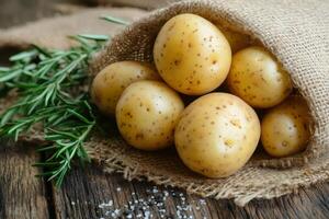 Raw potatoes spilling from burlap sack with rosemary and coarse salt on rustic wooden table photo