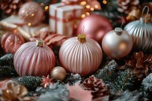 Shiny pink christmas balls resting on snowy fir branches with presents and blurred lights in the background photo