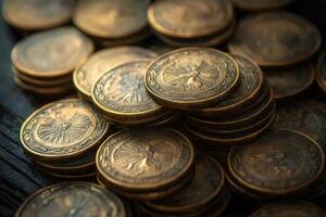 Golden coins depicting a mythical bird are stacked on a dark wooden table photo